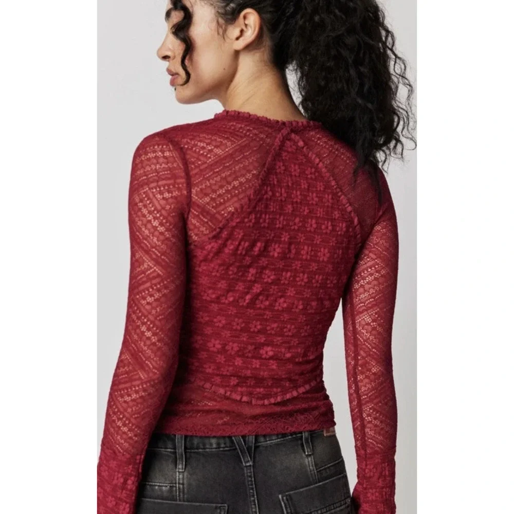 NEW FREE PEOPLE DARK RHUBARB MY PARTY LACE TOP SHIRT SZ L